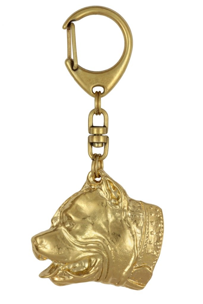 Amerykański pitbulterier, Pit Bull, American Pit Bull Terrier, Pitbul, APBT - pozłocony brelok do kluczy z psem, ozdoba torebki, luksusowy dodatek m..