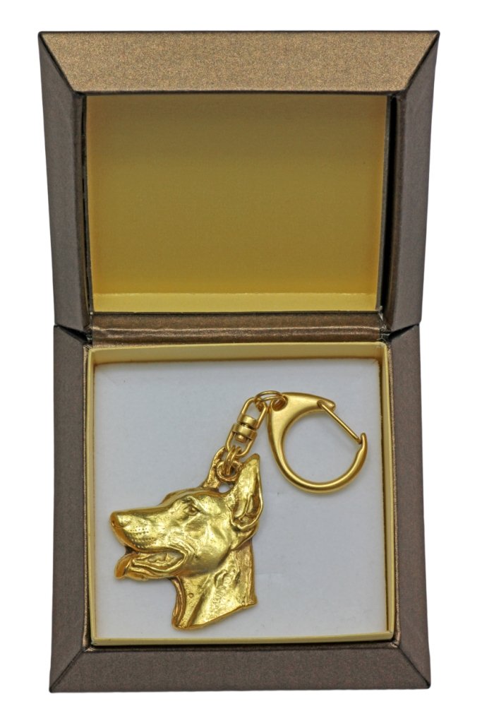 Doberman, Dobermann I - pozłocony brelok do kluczy z psem w pudełku prezentowym, ozdoba torebki, luksusowy dodatek marki Art-Dog