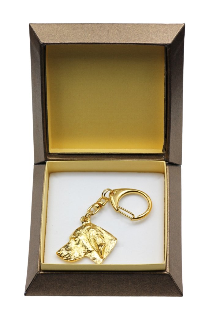 Wyżeł węgierski krótkowłosy, Hungarian Vizsla - pozłocony brelok do kluczy z psem w pudełku prezentowym, ozdoba torebki, luksusowy dodatek marki Art..