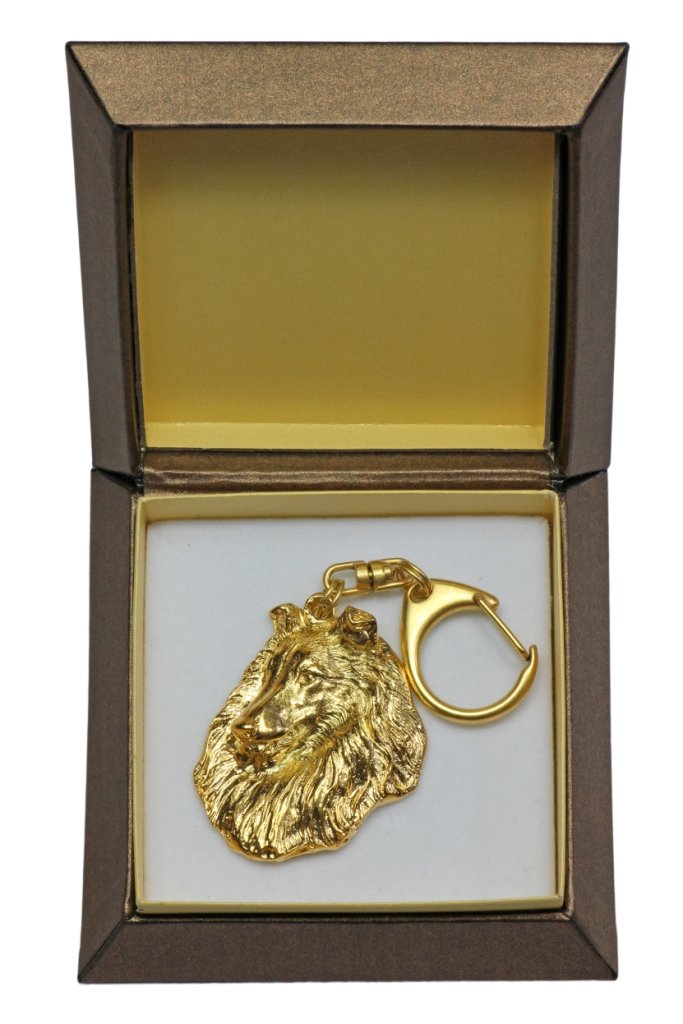 Owczarek szkocki długowłosy, Collie rough - pozłocony brelok do kluczy z psem w pudełku prezentowym, ozdoba torebki, luksusowy dodatek marki Art-Dog