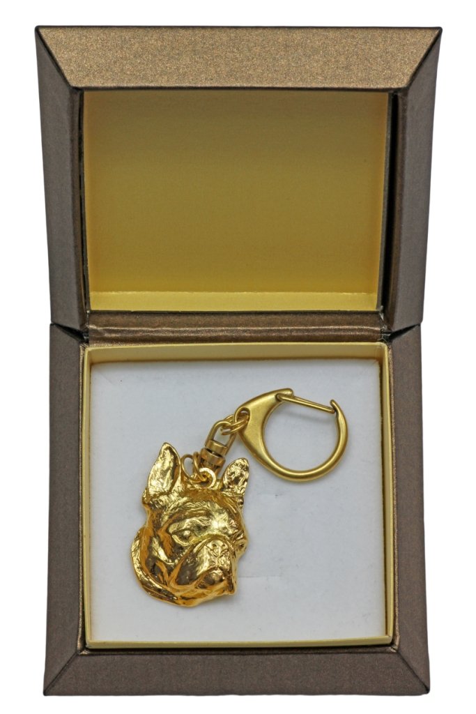 Boston Terrier, Boston Bull Terrier - pozłocony brelok do kluczy z psem w pudełku prezentowym, ozdoba torebki, luksusowy dodatek marki Art-Dog