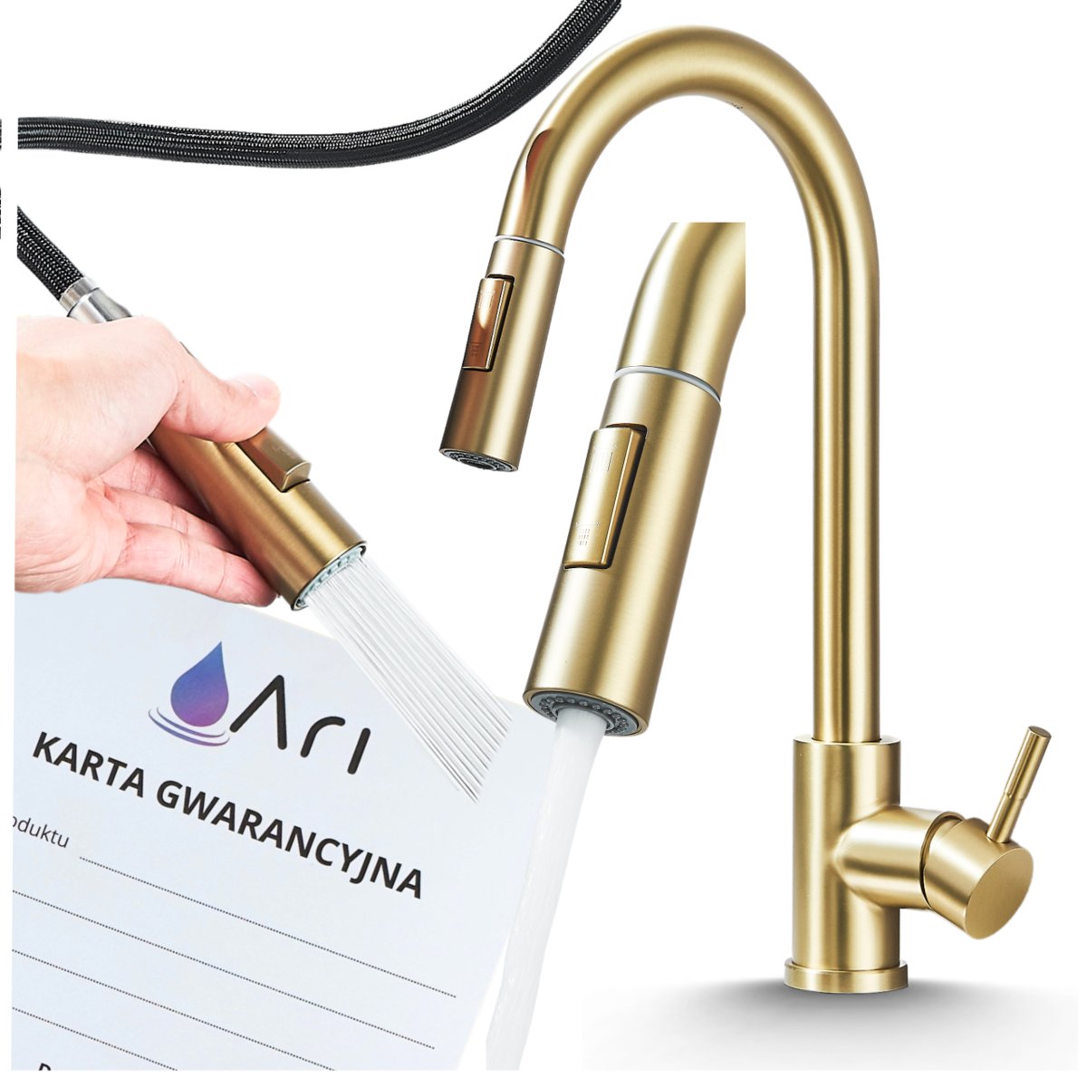 Bateria Kuchenna 2-drożna z Wyciąganą Wylewką Kran Do Kuchni Perlator TOTTO - SZCZOTKOWANE ZŁOTO