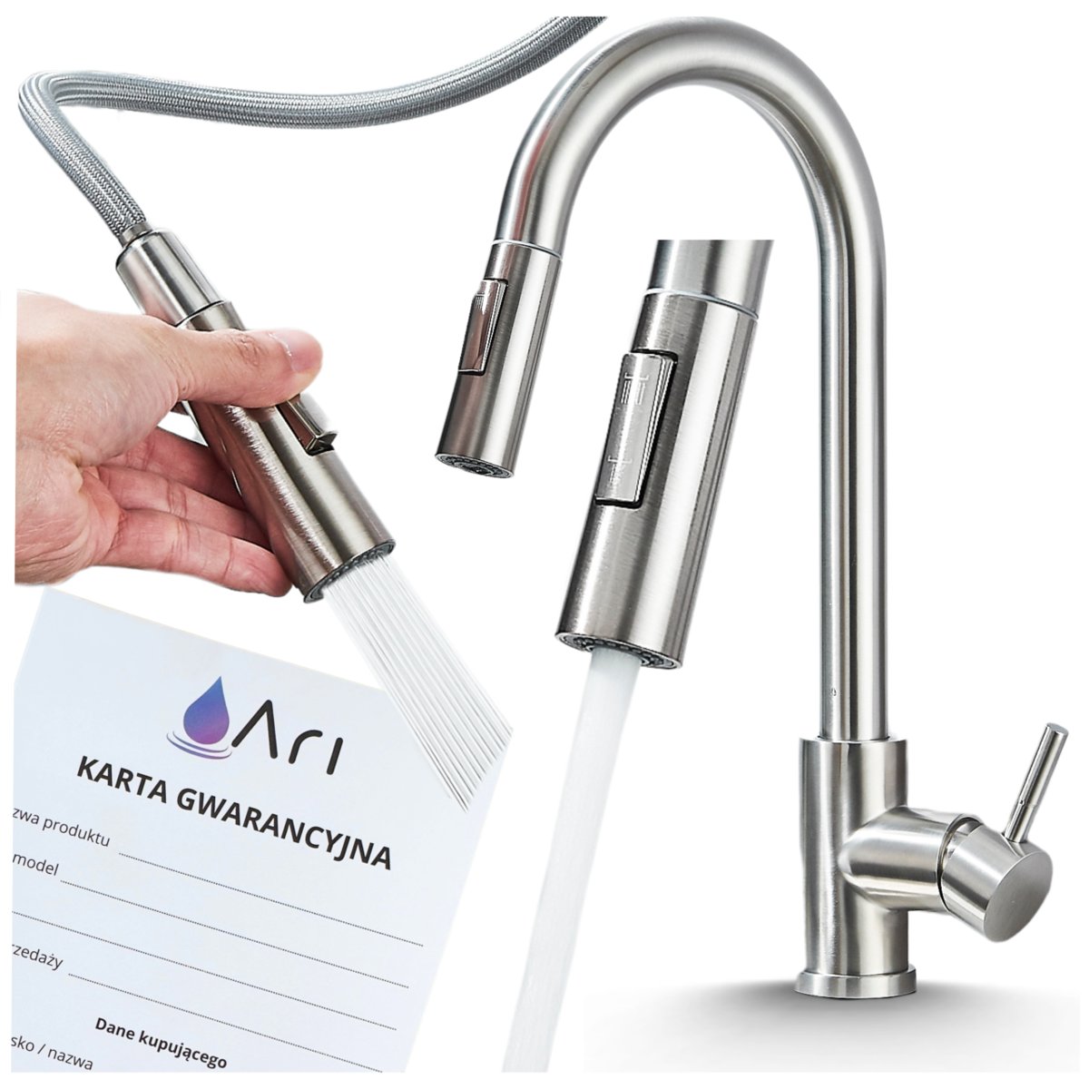 Bateria Kuchenna 2-drożna z Wyciąganą Wylewką Kran Do Kuchni Perlator TOTTO - INOX (SZCZOTKOWANE SREBRO)