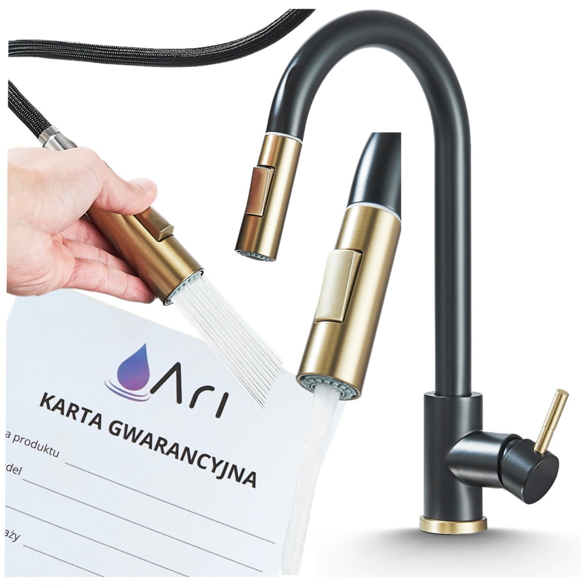 Bateria Kuchenna 2-drożna z Wyciąganą Wylewką Kran Do Kuchni Perlator TOTTO - CZARNY + ZŁOTY