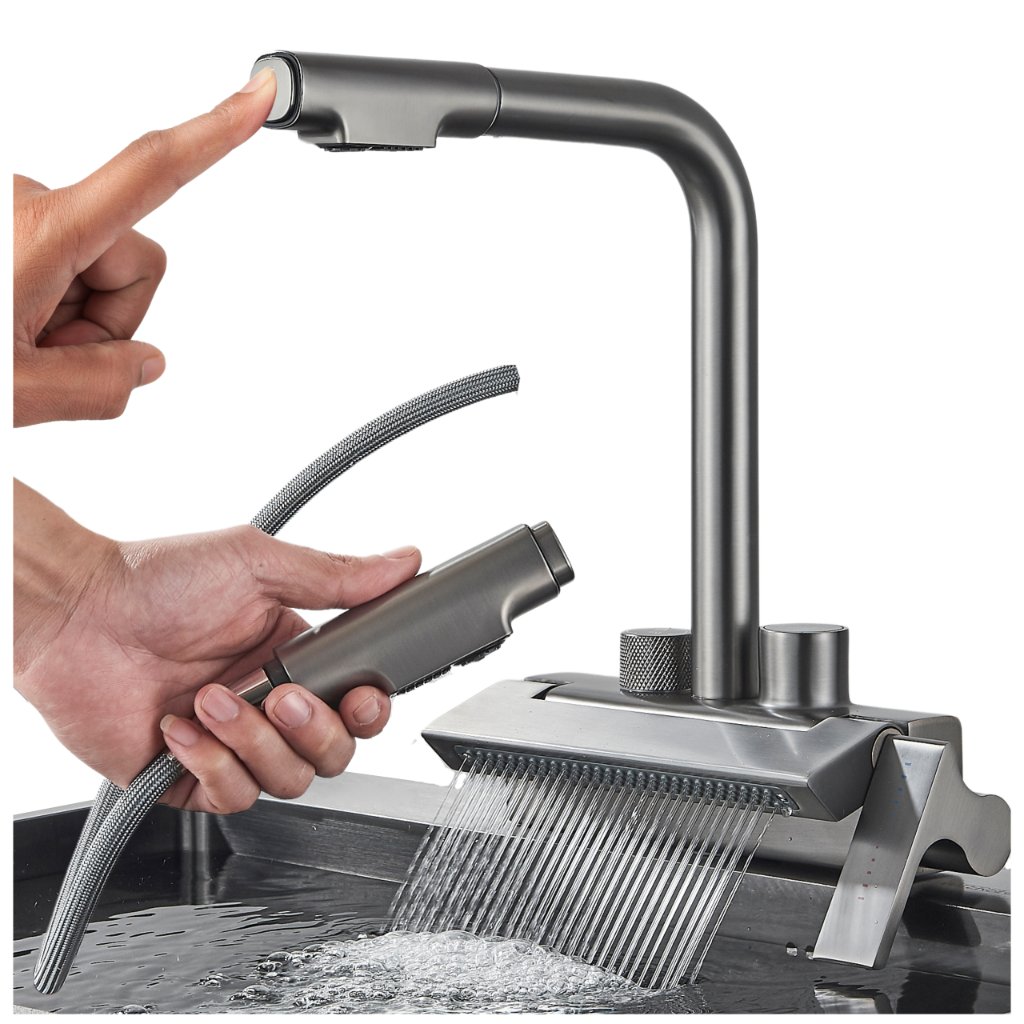 Bateria Kuchenna z Wodospadem Elastyczną Obrotową Wylewką Kran Do Kuchni Perlator NOVI - GRAFIT