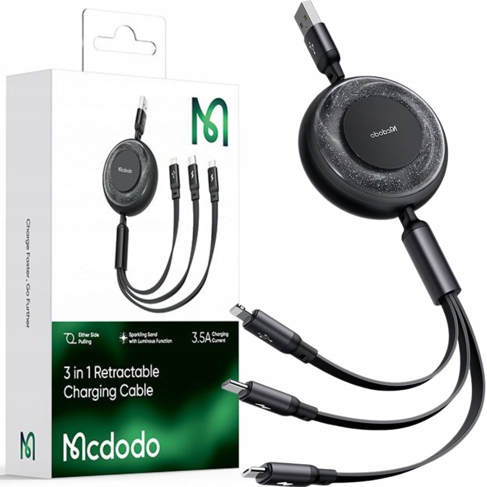 MCDODO KABEL USB 3W1 ZWIJANY SZYBKIE ŁADOWANIE USB-C LIGHTNING MICRO 66W
