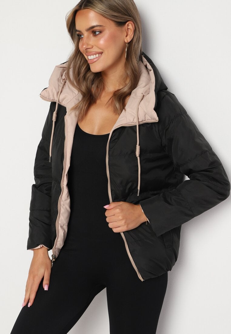 Czarna Dwustronna Kurtka Pikowana Ozdobiona Sznurkami Mivvena