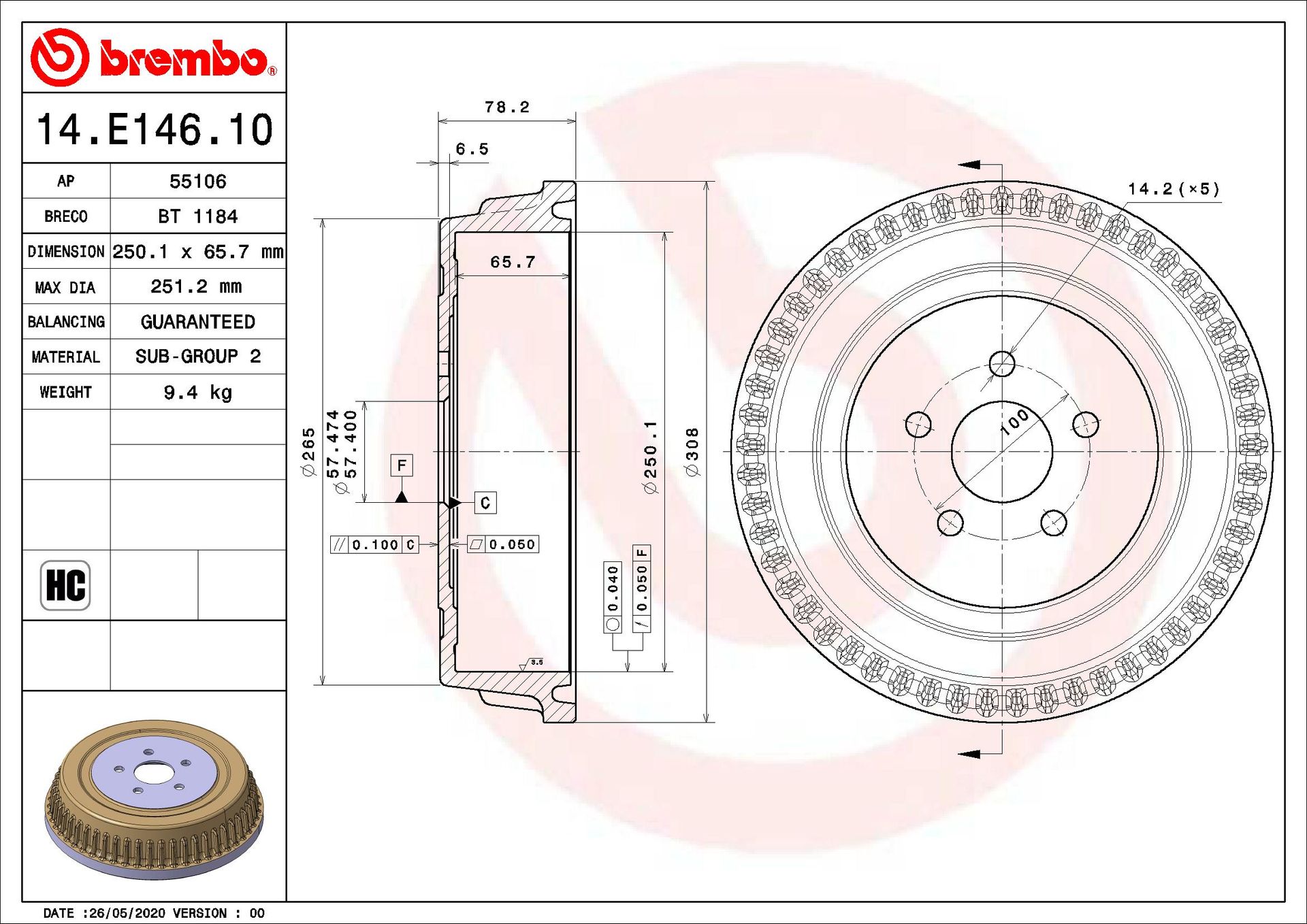 Bęben hamulcowy Brembo 14.E146.10