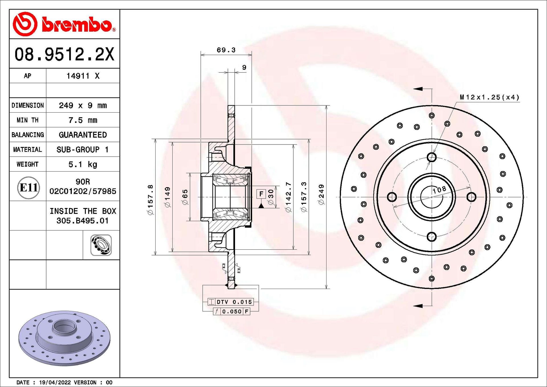 Tarcza hamulcowa BREMBO 08.9512.2X  w 24 h. Do 100 dni na zwrot. 100 tys. Klientów.