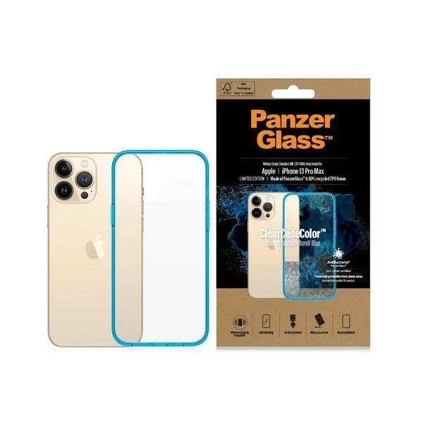 Etui PanzerGlass ClearCase antybakteryjne z certyfikatem Military Grade na iPhone 13 Pro Max - przezroczysto-niebieskie