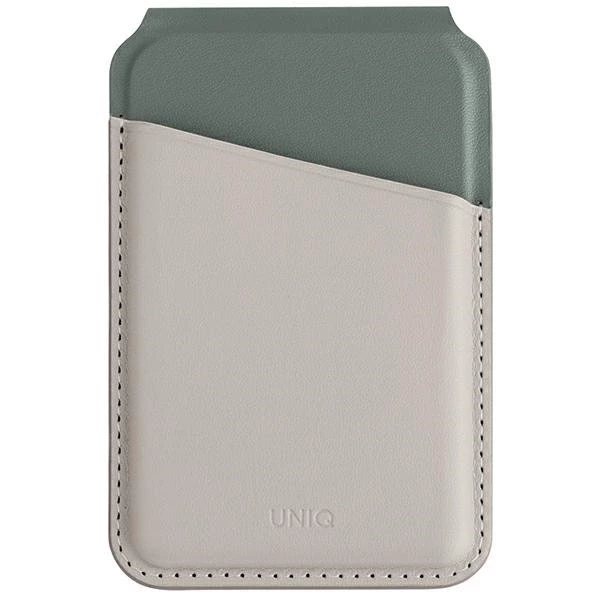 Portfel UNIQ Lyden DS magnetyczny RFID ze stojakiem na telefon - beżowo-zielony