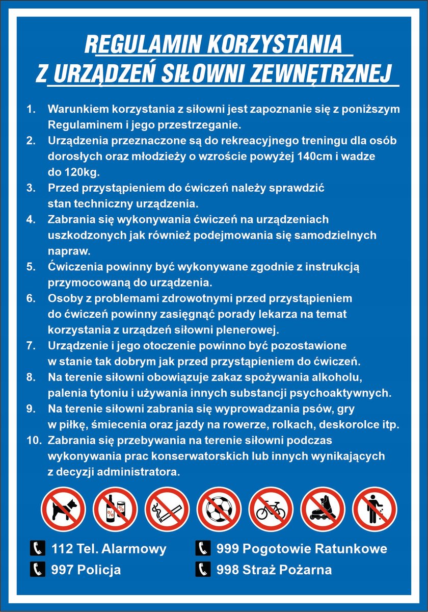Tablica REGULAMIN SIŁOWNI ZEWNĘTRZNEJ, PLENEROWEJ 3 - 70x100cm PCV 5mm