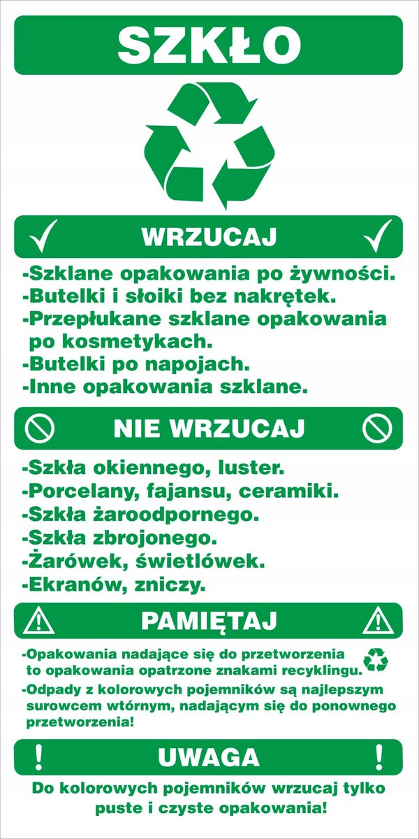 Naklejka SEGREGACJA ODPADÓW, SZKŁO 25x50cm
