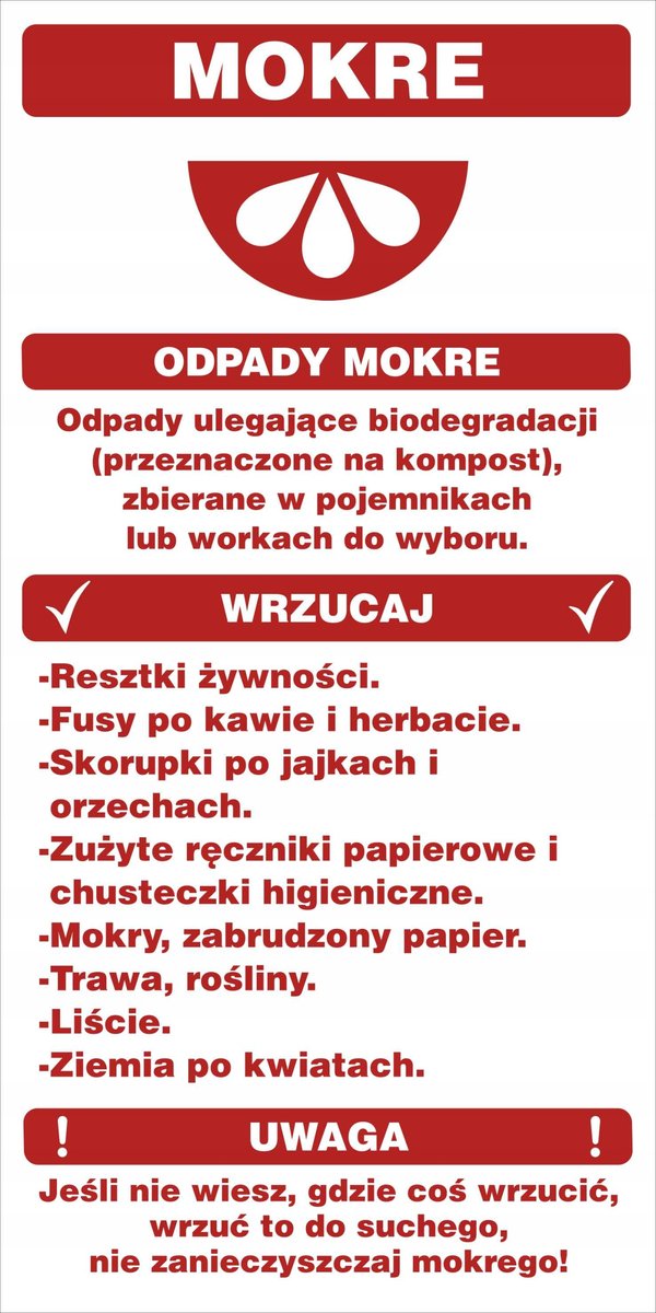 Naklejka SEGREGACJA ODPADÓW, ODPADY MOKRE 15x30cm
