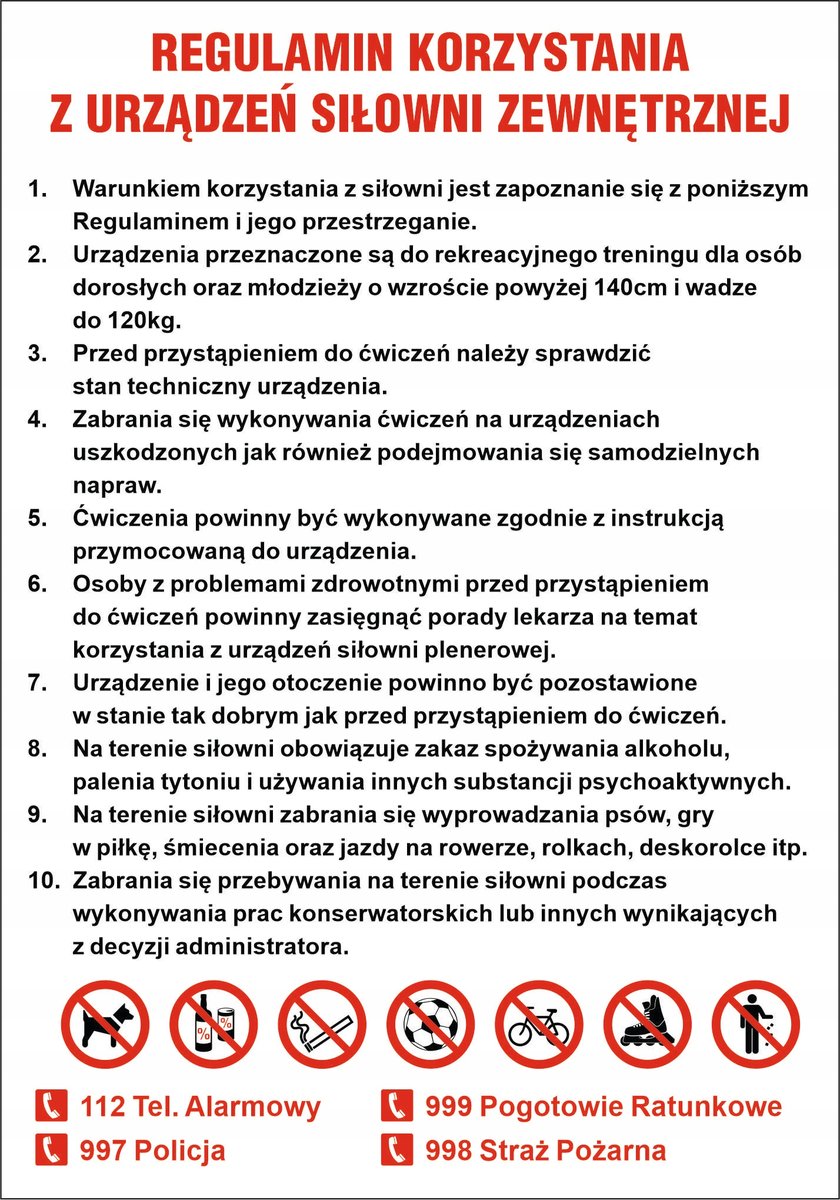 Tablica REGULAMIN SIŁOWNI ZEWNĘTRZNEJ, PLENEROWEJ 1 - 42x60cm PCV 5mm