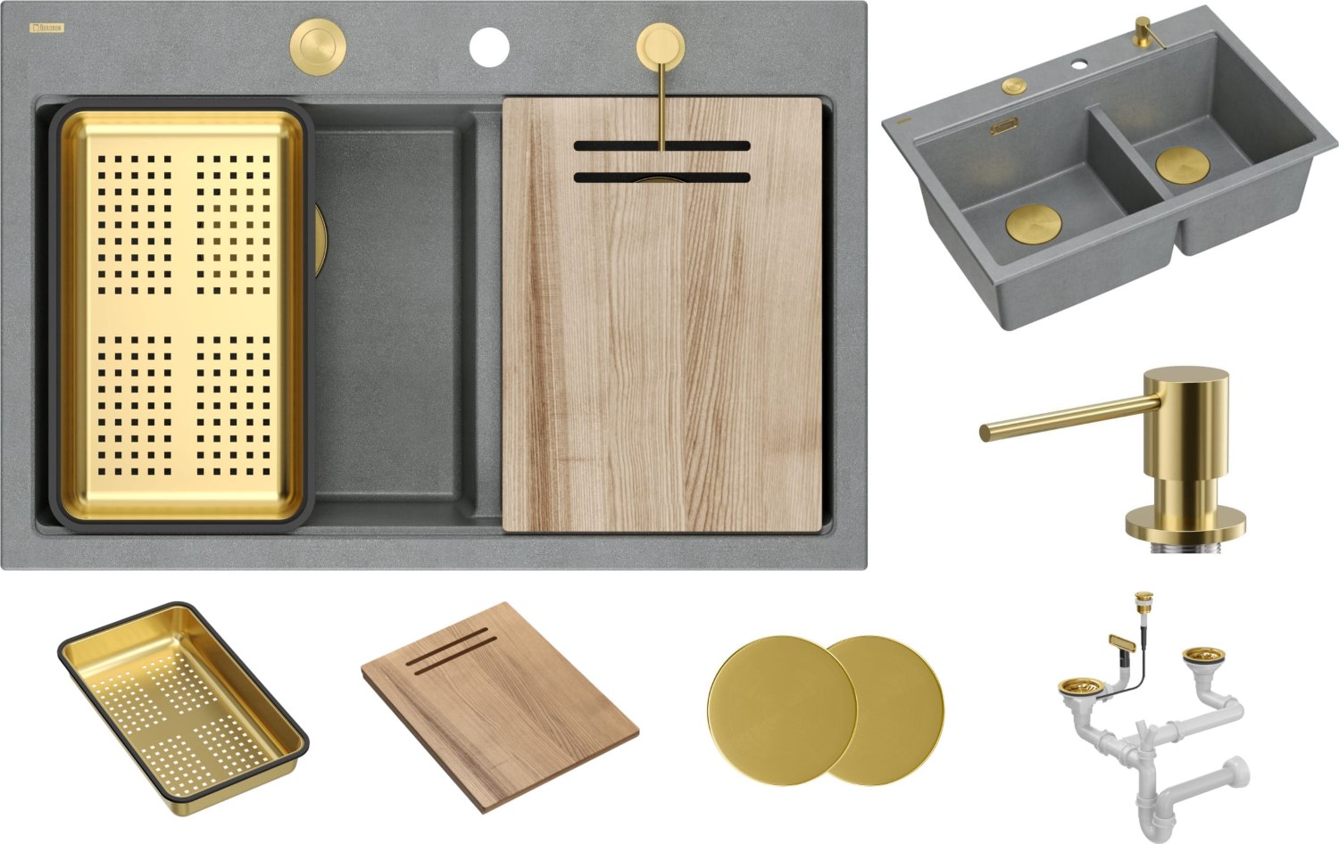 Zlew QUADRON MARC 120 SILVER STONE (szary) + syfon ZŁOTY + akcesoria (HQC7650U5_PVDG1)