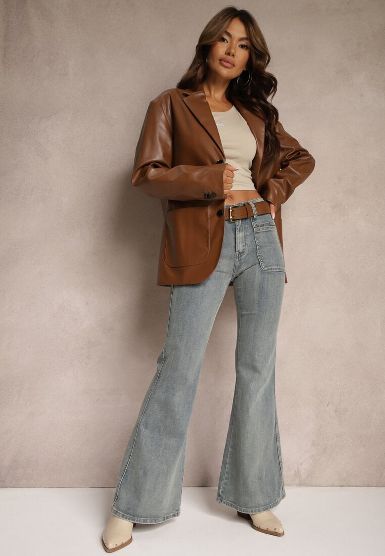 Jasnoniebieskie Jeansy z Bawełny Dzwony High Waist z Paskiem i Ozdobnymi Kieszeniami Mevalia