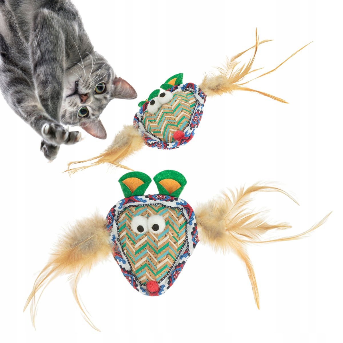 Zabawka dla kota ETNICZNA z korka Z PIÓRKAMI dla prawdziwego łowcy MEXICO