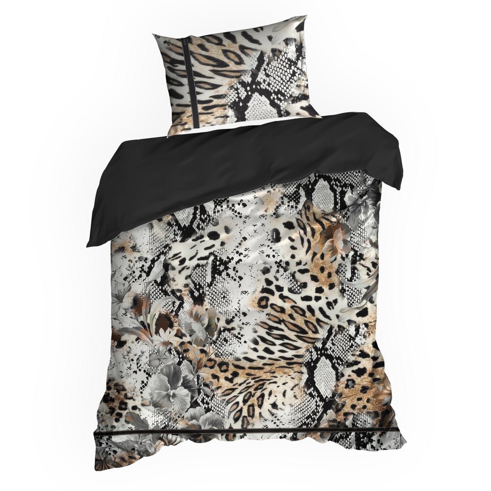 Pościel satynowa EVA 140x200 Eva Minge Eurofirany jasnobrązowa czarna zwierzęcy print cętki