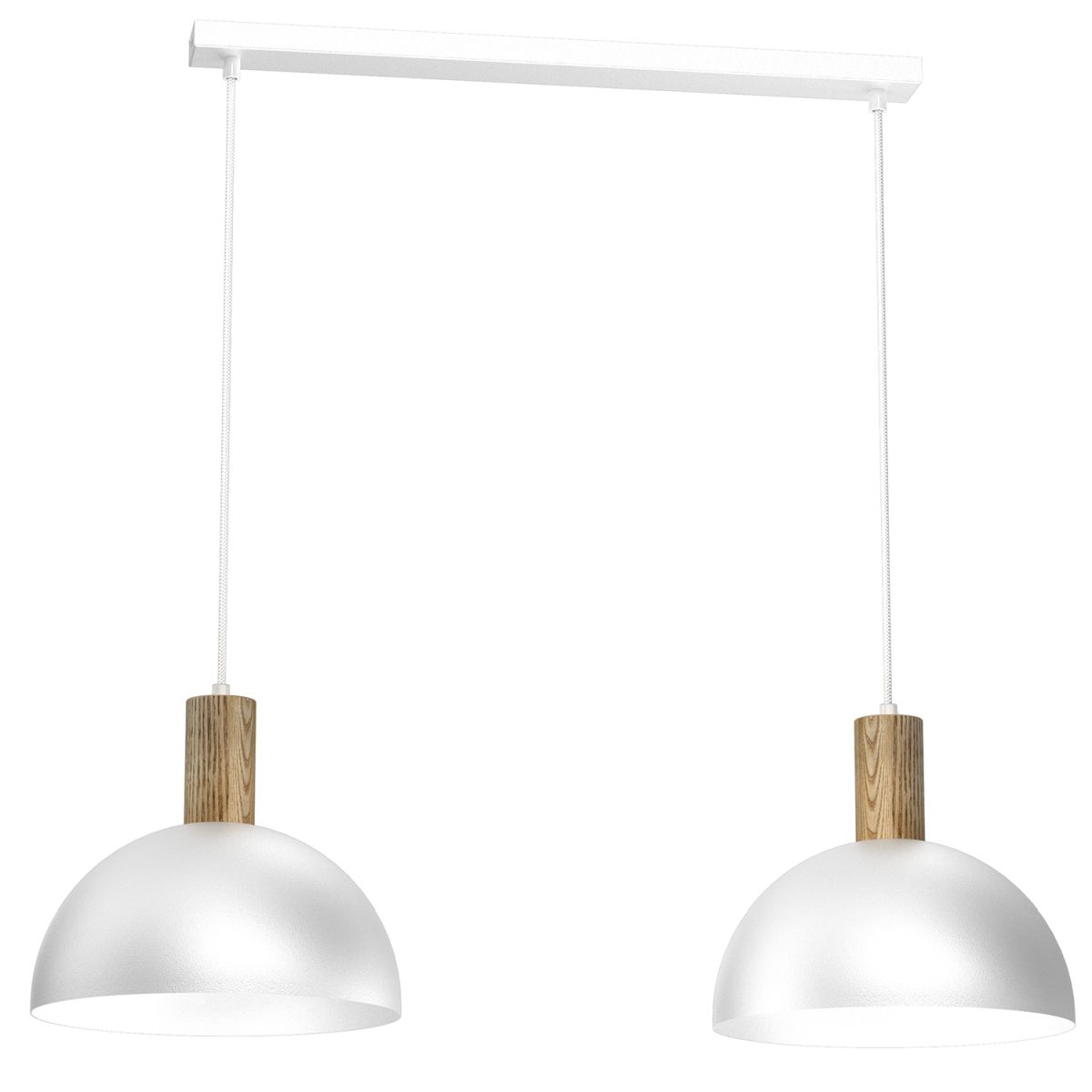 Biała lampa wisząca z drewnianymi oprawkami LX 4333 z serii HANDA