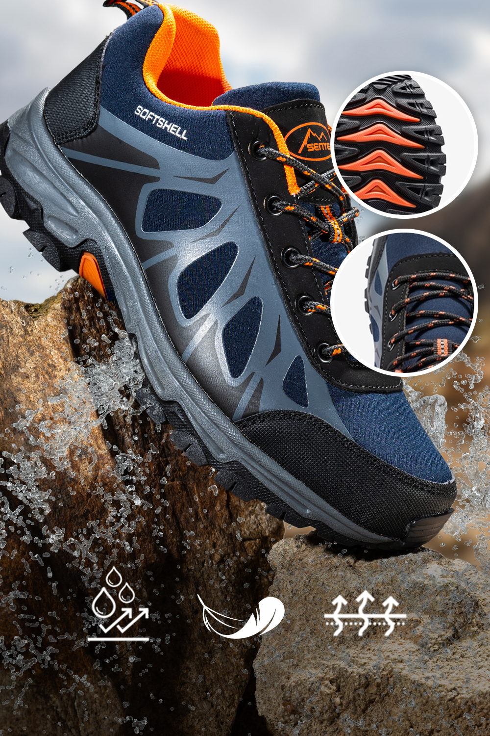 Granatowe buty trekkingowe damskie z pomarańczowymi dodatkami sznurowane softshell Casu B2110-6