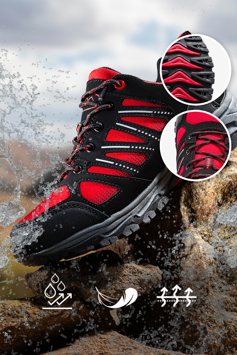Czerwone buty trekkingowe damskie z czarnymi dodatkami sznurowane softshell Casu B2114-7