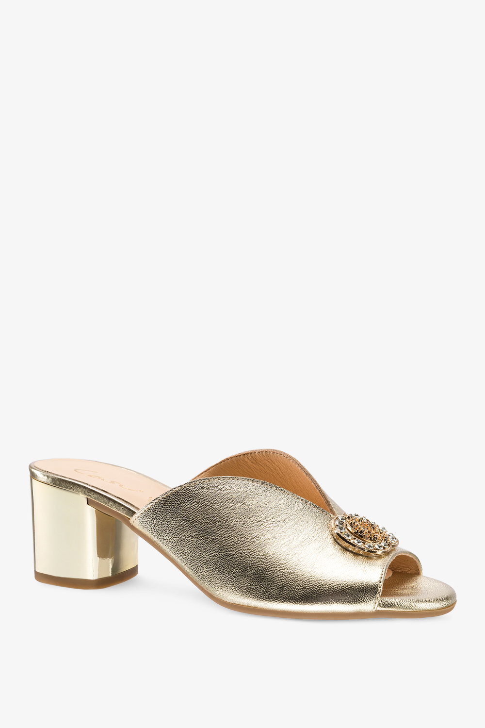 Złote klapki skórzane damskie na złotym klocku zabudowane z ozodbą cyrkonie PRODUKT POLSKI Casu 2714-703