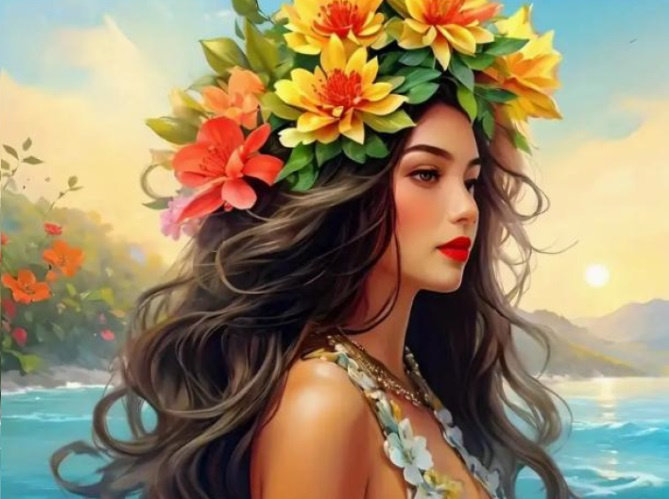 Diamentowa Mozaika Kobieta Z Kwiatami We Włosach Na Tle Oceanu I Słońca, 30x40