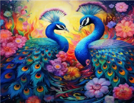 Diamentowa Mozaika Pawie Dwa W Abstrakcyjnych Kwiatach, 30x40
