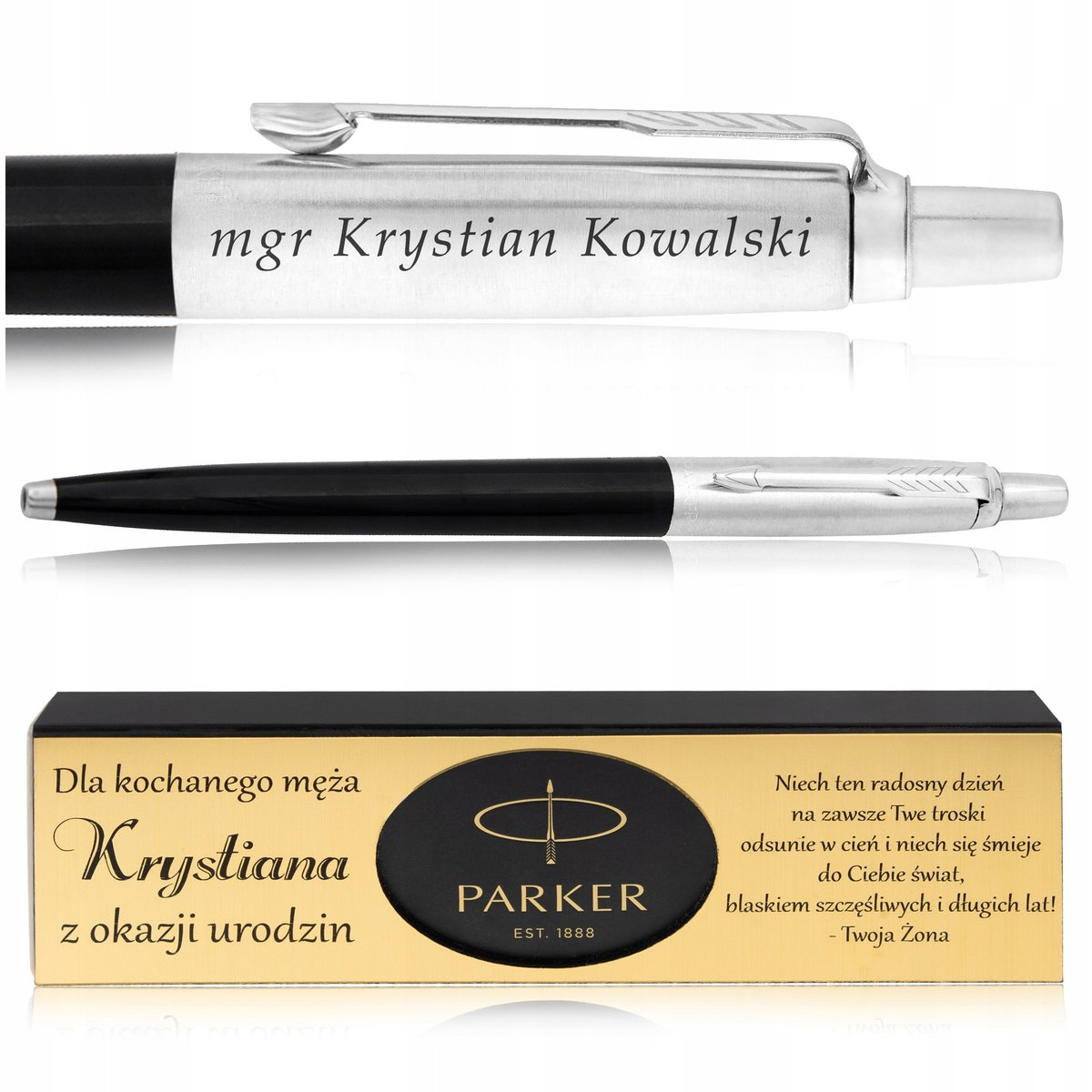 DŁUGOPIS PARKER JOTTER CZARNY + ELEGANCKIE PUDEŁKO Z DEDYKACJĄ + GRAWER