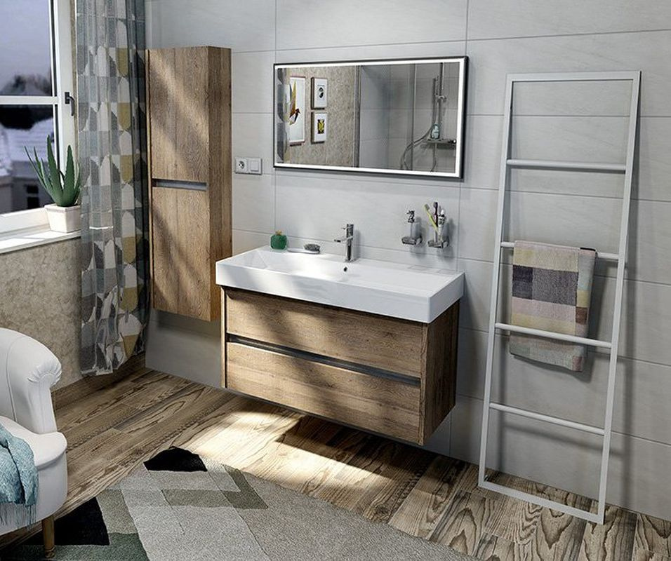 Sapho Nirona 100 Zestaw szafka podumywalkowa 95x43x51,5 cm + umywalka meblowa 98x45,5 cm + słupek boczny 40x20x138 cm + lustro z oświetleniem LED 100x70 cm dąb Sherwood/biały/czarny mat KSET-064 - odbiór osobisty: Kraków, Warszawa