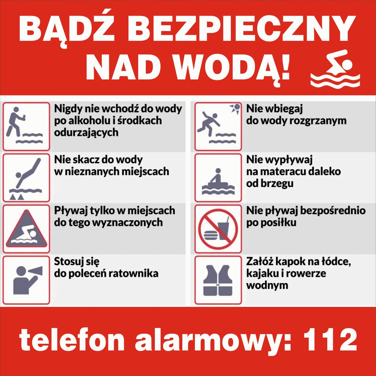 Tabliczka BĄDŹ BEZPIECZNY NAD WODĄ 40x40cm PCV 3mm