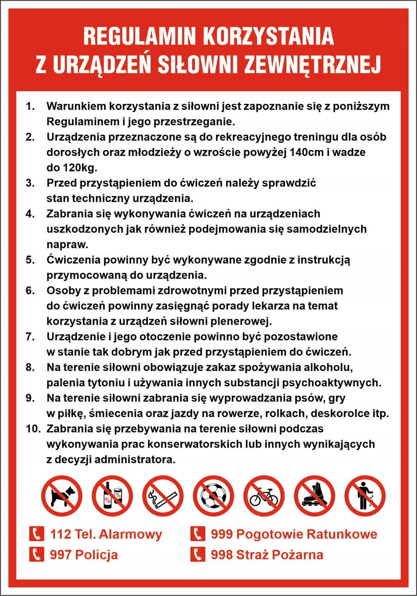 Tablica REGULAMIN SIŁOWNI ZEWNĘTRZNEJ, PLENEROWEJ 4 - 42x60cm PCV 5mm