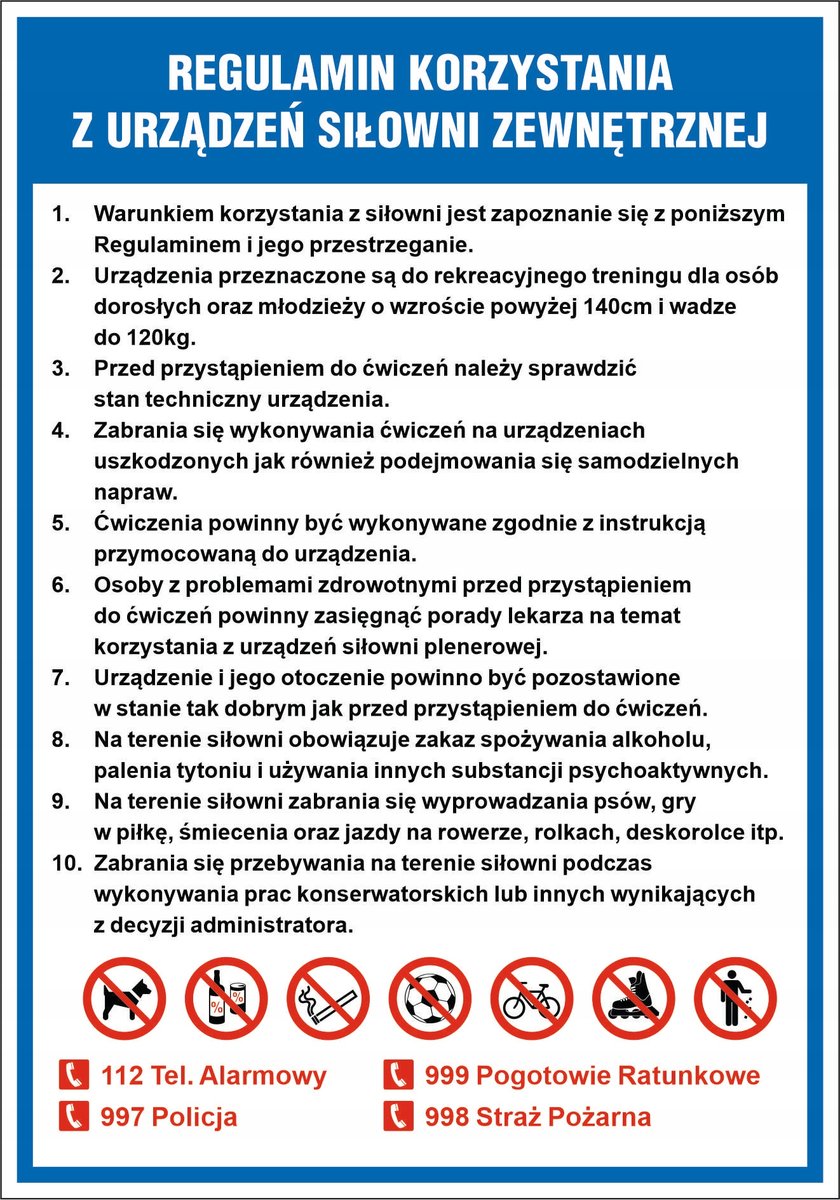 Tablica REGULAMIN SIŁOWNI ZEWNĘTRZNEJ, PLENEROWEJ 5 - 70x100cm PCV 5mm