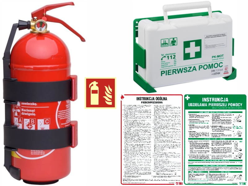 Gaśnica Gloria 2kg + apteczka i zestaw tablic BHP