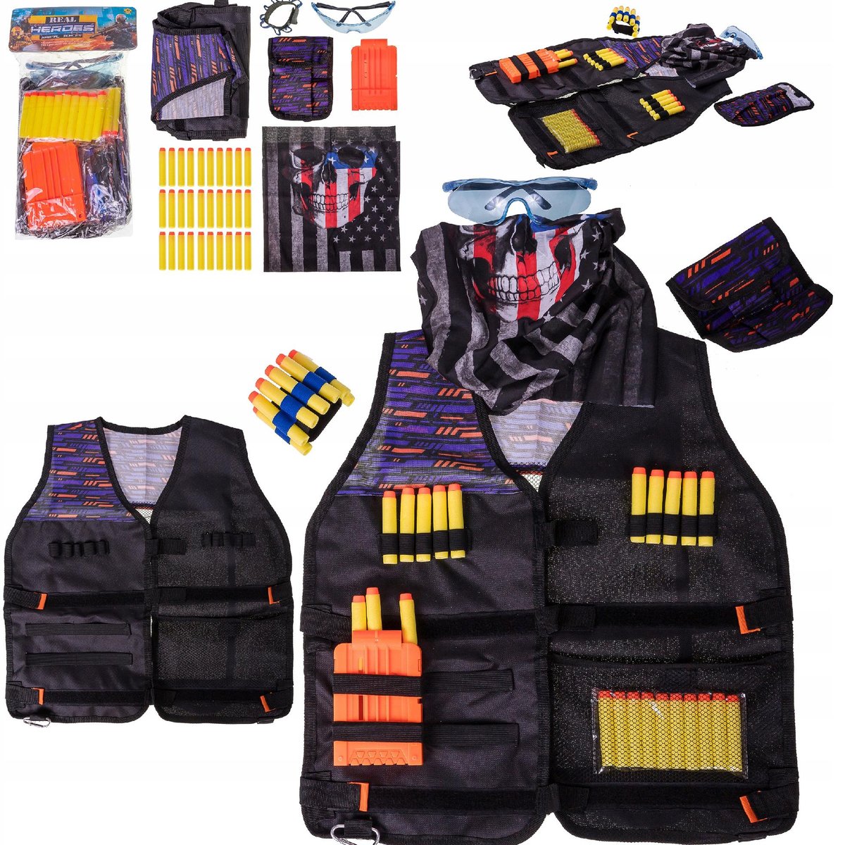 Zestaw do NERF Kamizelka TAKTYCZNA Strzałki OKULARY MAGAZYNEK maska bandana