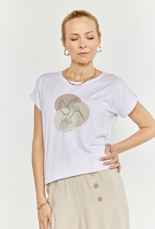 T-shirt damski z haftowanym wzorem - Monnari