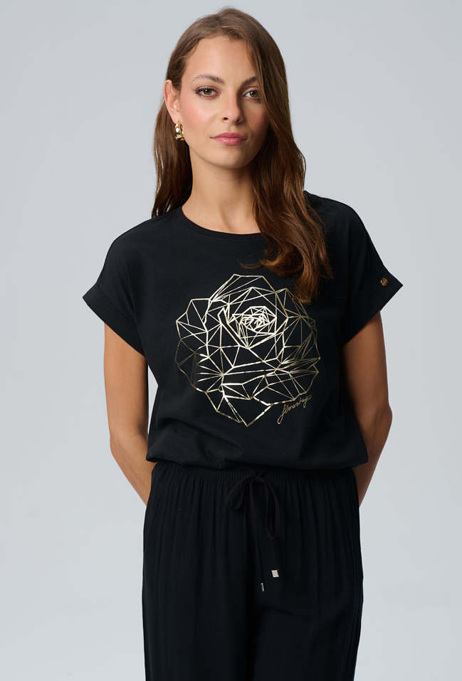 Czarny t-shirt ze złotą różą - Femestage