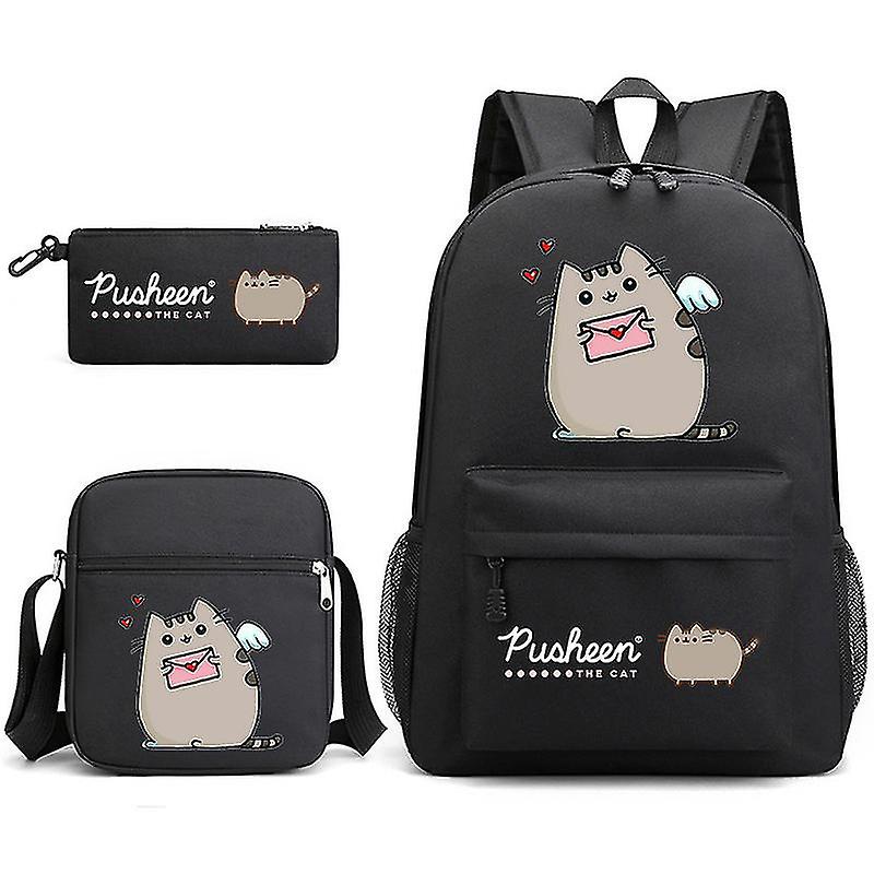 Camila Pusheen Fat Kitty Trzyczęściowy tornister Casual Boys and Girls Plecak studencki Print Plecak outdoorowy o dużej pojemności (czarny)
