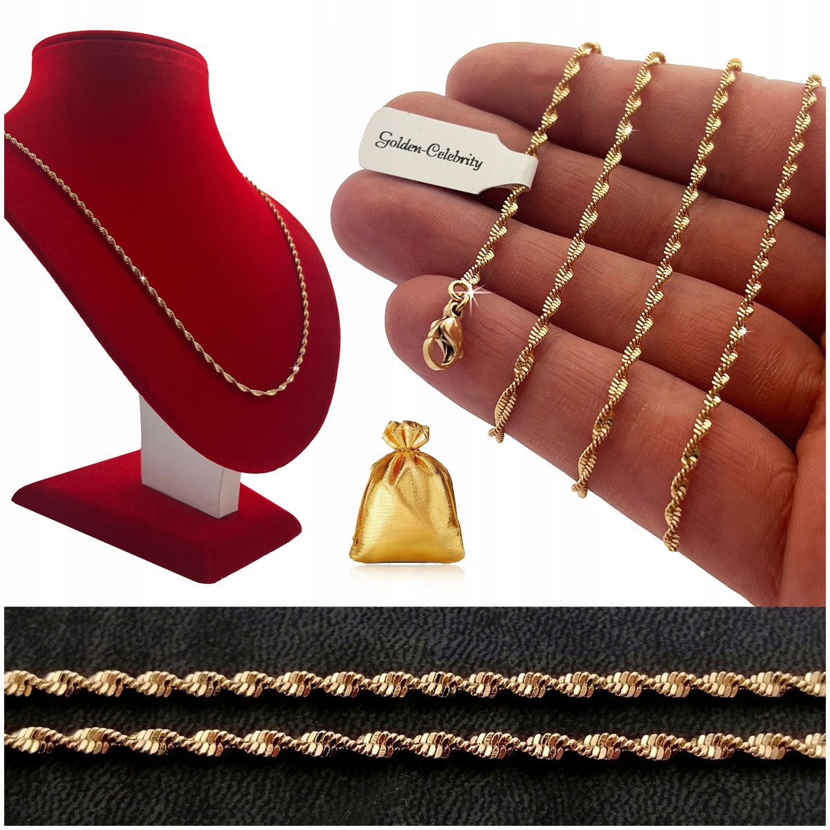 ZŁOTY NASZYJNIK ŁAŃCUSZEK DAMSKI ZE STALI CHIRURGICZNEJ 50 CM PREZENT 18K