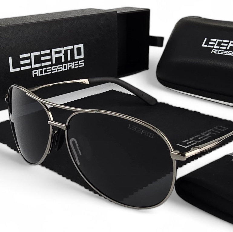 Okulary przeciwsłoneczne polaryzacyjne czarno-grafitowe LECERTO AVIATOR zestaw