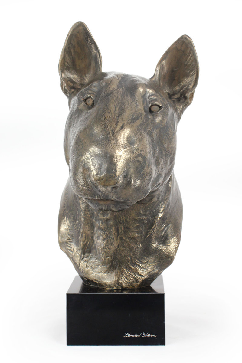 Bulterier, Bull Terrier - popiersie psa, duża statuetka, głowa psa na podstawie kamiennej, ozdoba do biura marki Art-Dog