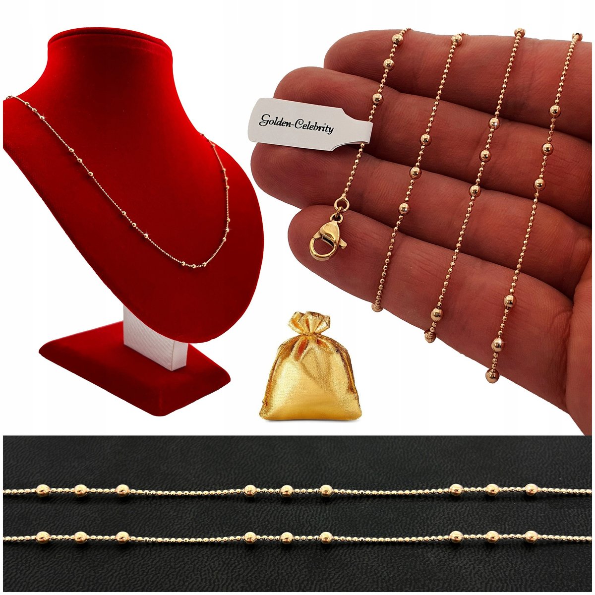 ZŁOTY ŁAŃCUSZEK Z KULECZKAMI ZE STALI CHIRURGICZNEJ DLA NIEJ + DARMOWE DODATKI 18K