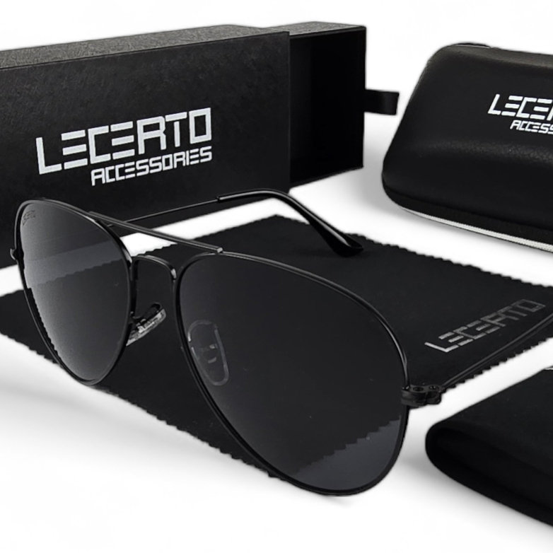 Okulary przeciwsłoneczne polaryzacyjne czarne LECERTO PILOTKI zestaw