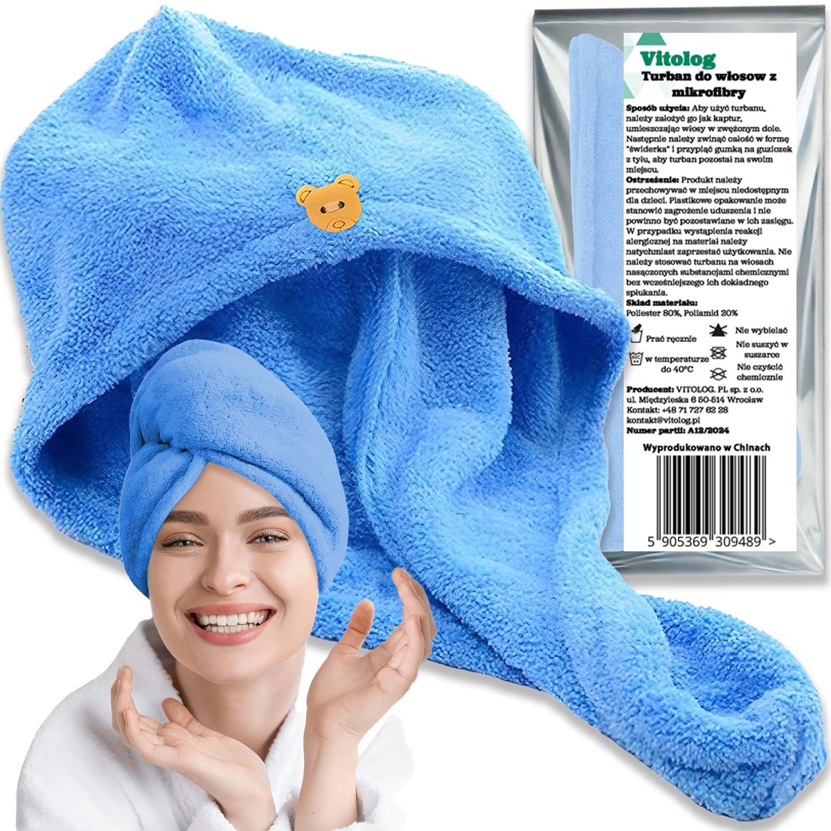 Ręcznik Turban do Suszenia Włosów na Głowę z Mikrofibry Szybkoschnący Duży