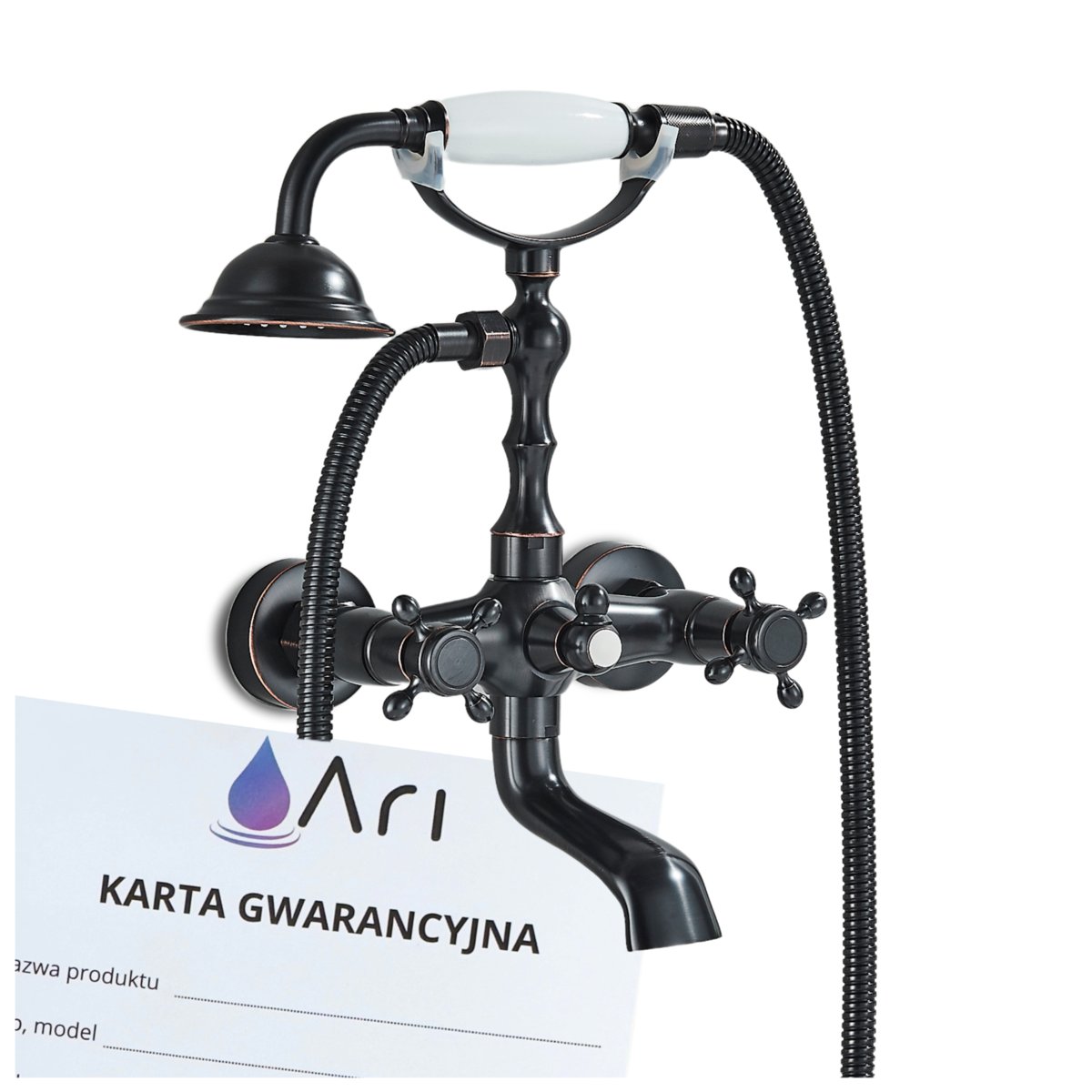 Bateria Wannowa z Prysznicem Obrotową Wylewką Podtynkowa Naścienna Słuchawka Ceramika Vintage Stary Styl RETRO - CZARNY