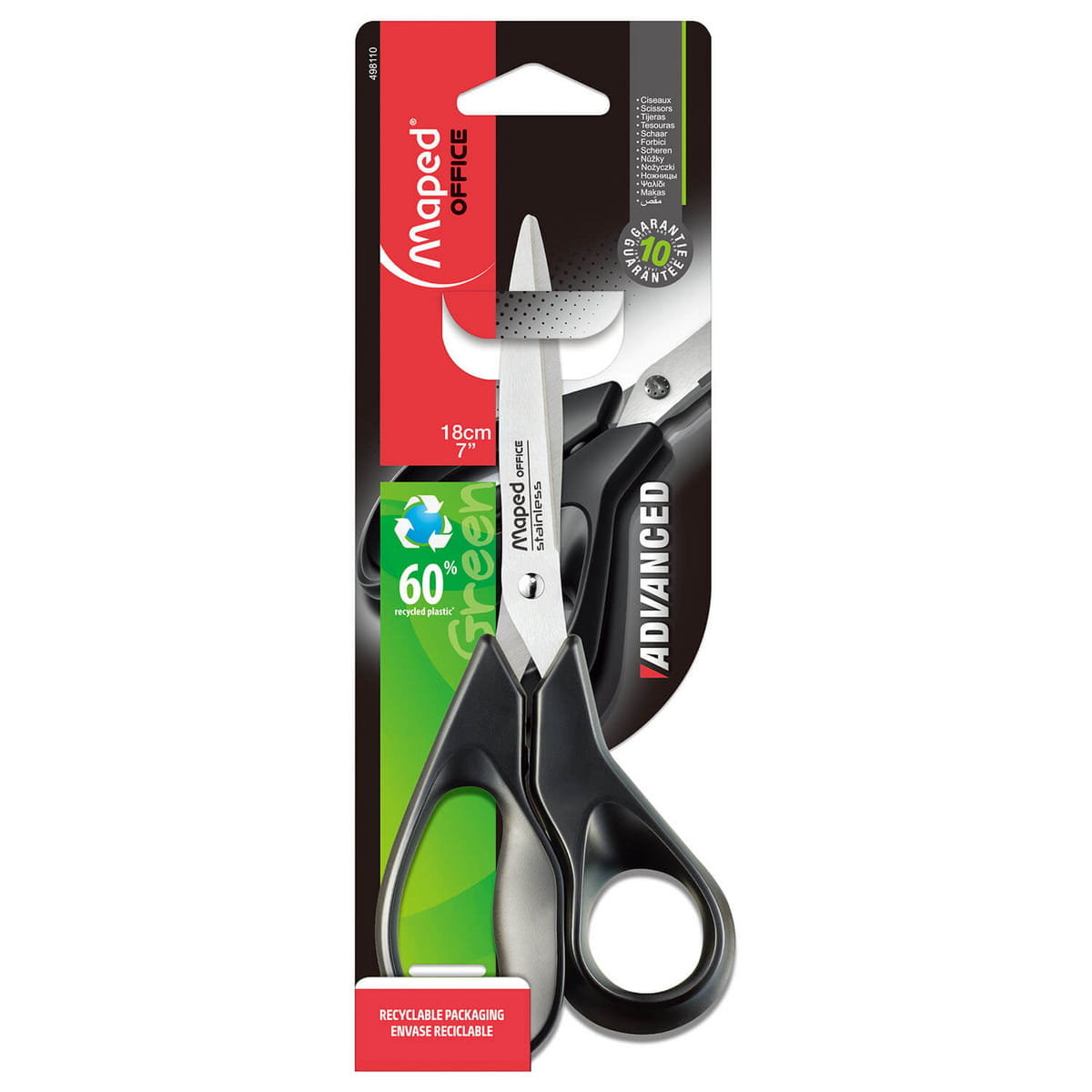 Maped Nożyczki Advanced  Green 18 cm asymetryczne blister kartonowy (24)