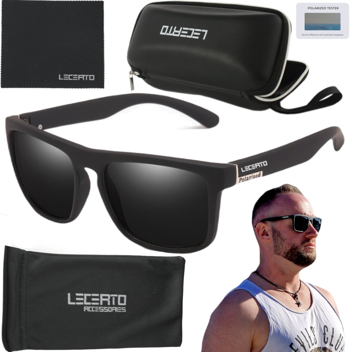 Okulary przeciwsłoneczne polaryzacyjne czarno-srebrne LECERTO zestaw