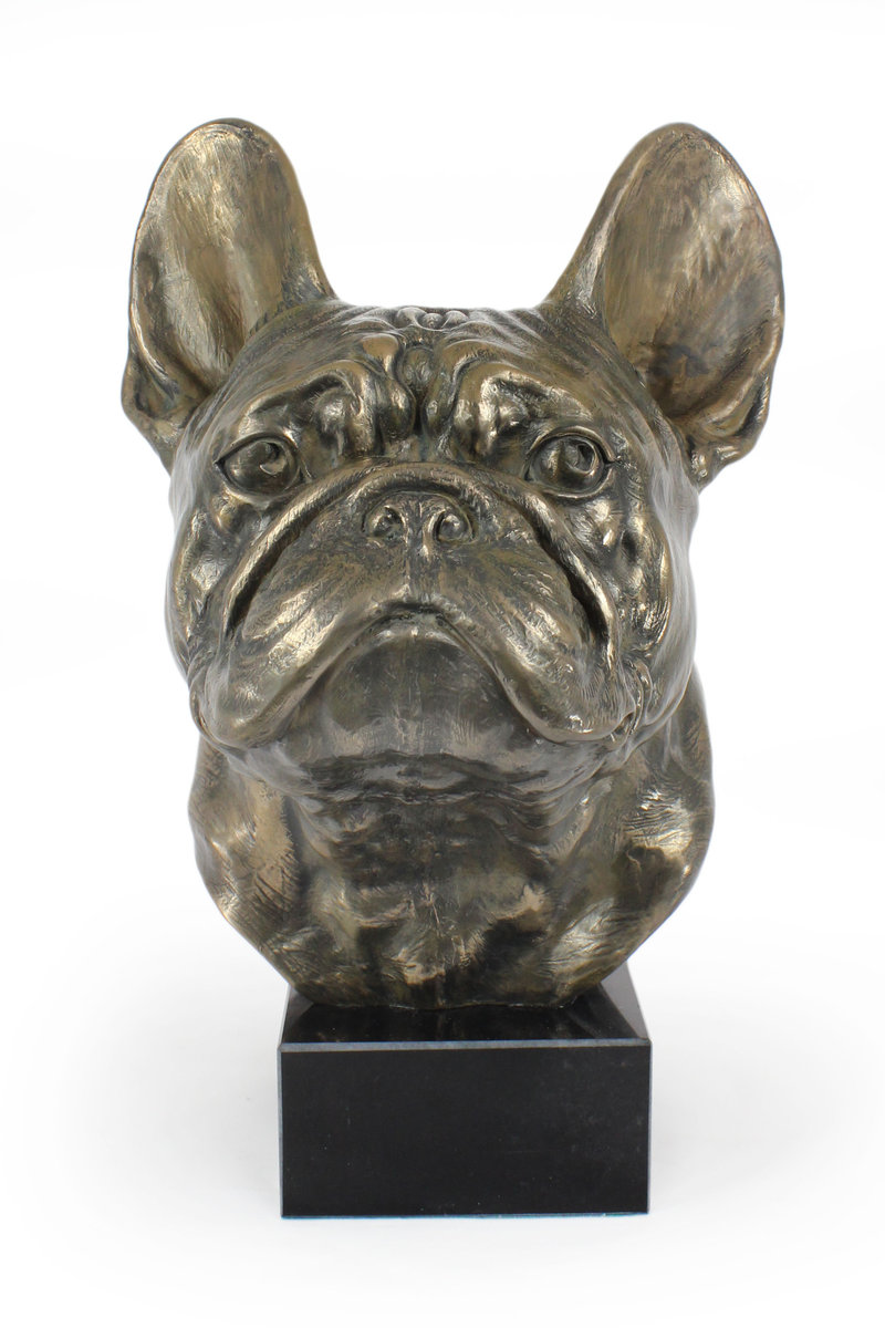 Buldog francuski - popiersie psa, duża statuetka, głowa psa na podstawie kamiennej, ozdoba do biura marki Art-Dog