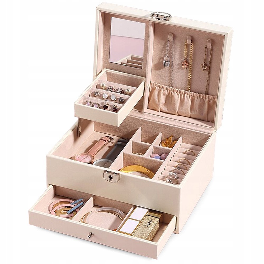 Szkatułka Na Biżuterię Organizer Pudełko Lustro Kuferek Etui Pojemny Box